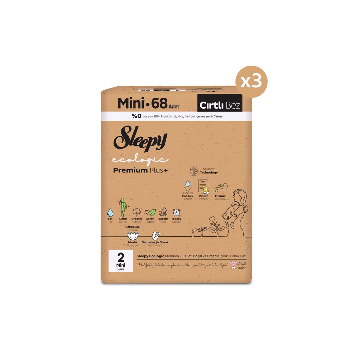 Sleepy Ecologic Premium Plus Avantajlı Paket Bebek Bezi 2 Numara Mini 204 Adet