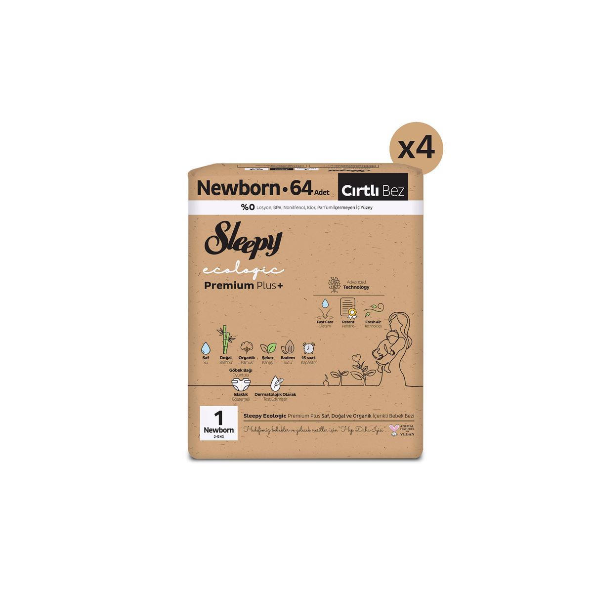 Sleepy Ecologic Premium Plus Efsane Paket Bebek Bezi 1 Numara Yenidoğan 256 Adet