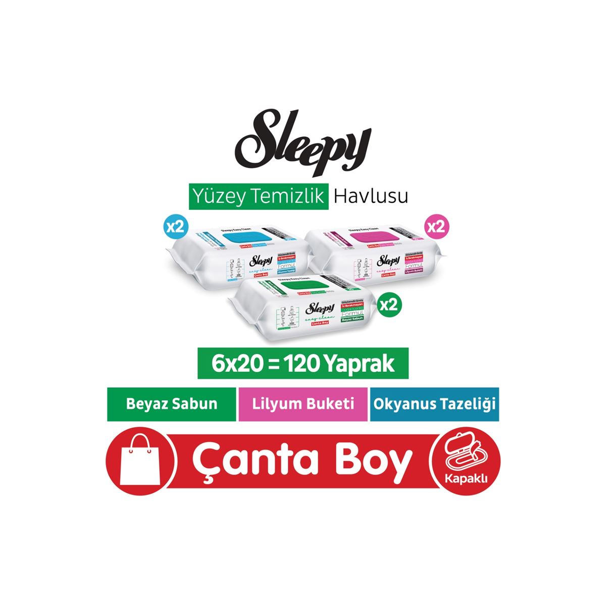 Sleepy Easy Clean Beyaz Sabun + Lilyum + Okyanus Yüzey Temizlik Havlusu Çanta Boy 6x20 (120 Yaprak)