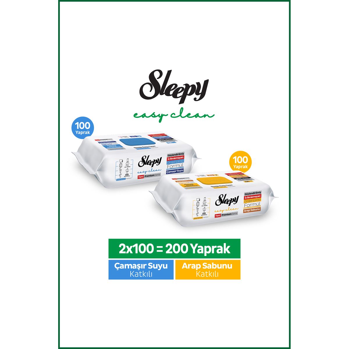 Sleepy Easy Clean Premium Arap Sabunu + Çamaşır Suyu Katkılı Yüzey Temizlik Havlusu Mendili 100+100(200 Yaprak)