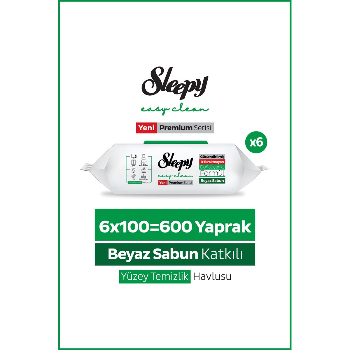Sleepy Easy Clean Premium Beyaz Sabun Katkılı Yüzey Temizlik Havlusu Mendili 6x100 (600 Yaprak)
