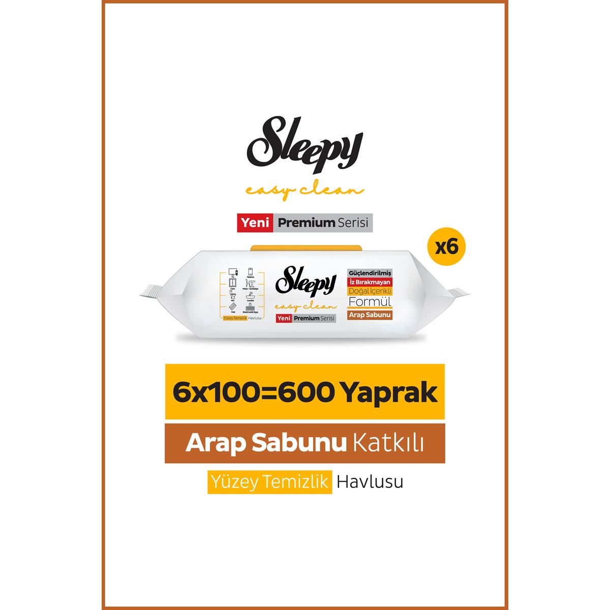 Sleepy Easy Clean Premium Arap Sabunu Katkılı Yüzey Temizlik Havlusu Mendili 6x100 (600 Yaprak)