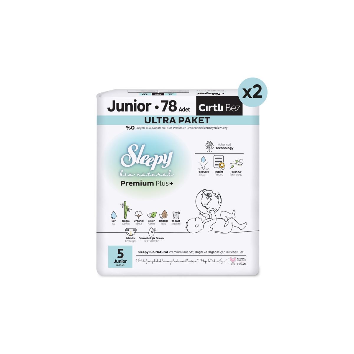 Sleepy Bio Natural Premium Plus Ultra Paket Bebek Bezi 5 Numara Junior 156 Adet