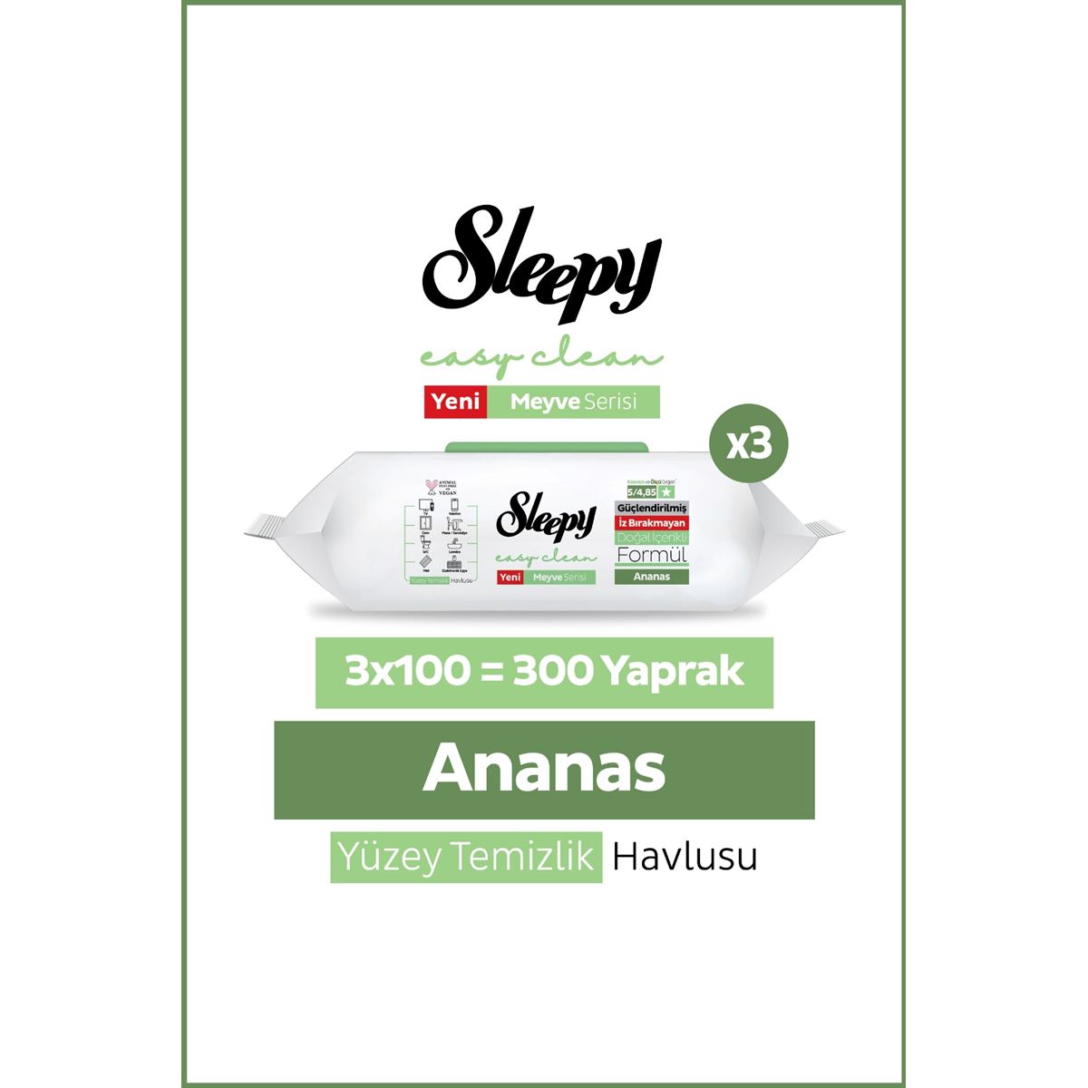 Sleepy Meyve Serisi Yüzey Temizlik Havlusu Mendili Ananas 3x100 (300 Yaprak)