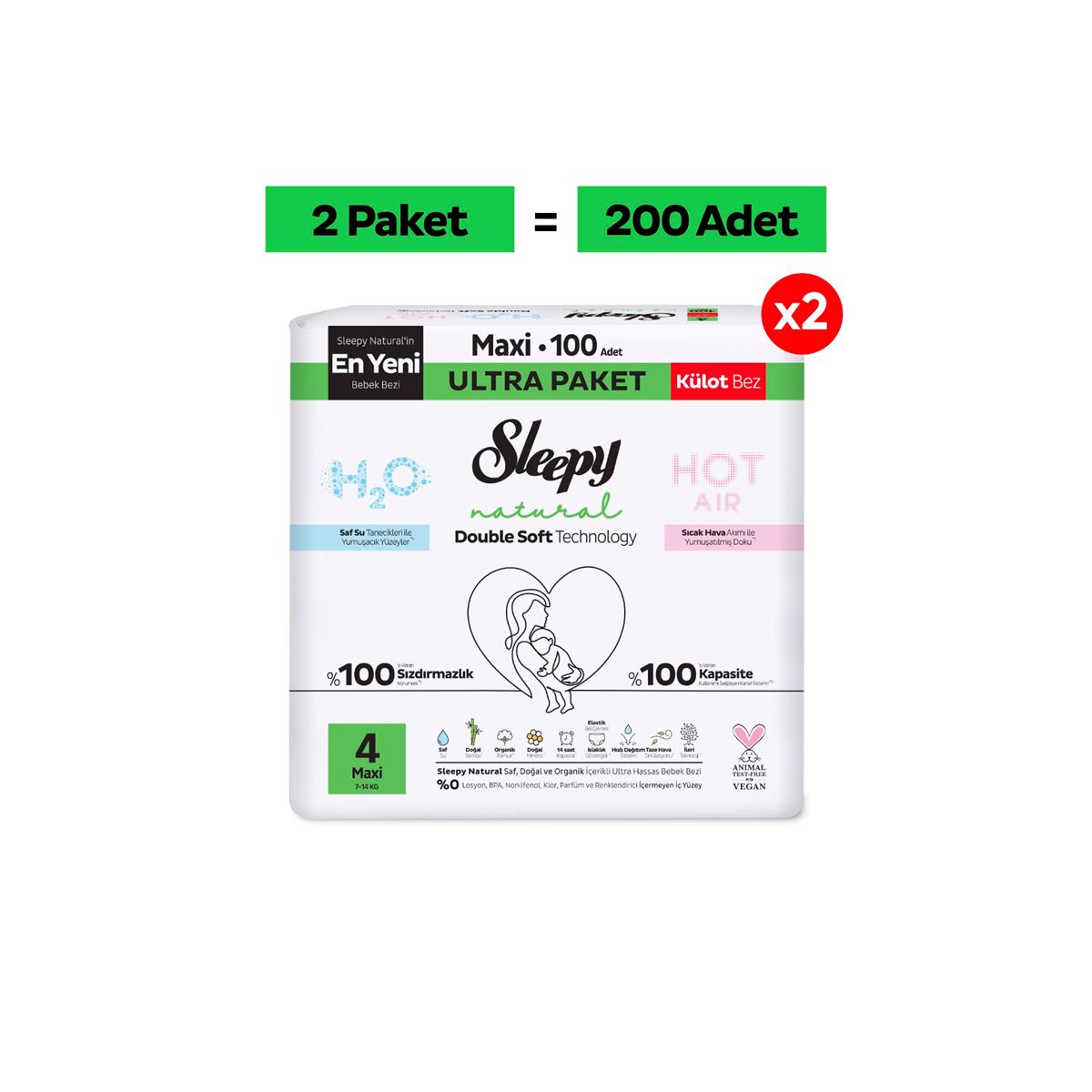 Sleepy Natural Double Soft Ultra Paket Külot Bez 4 Numara Maxi 200 Adet