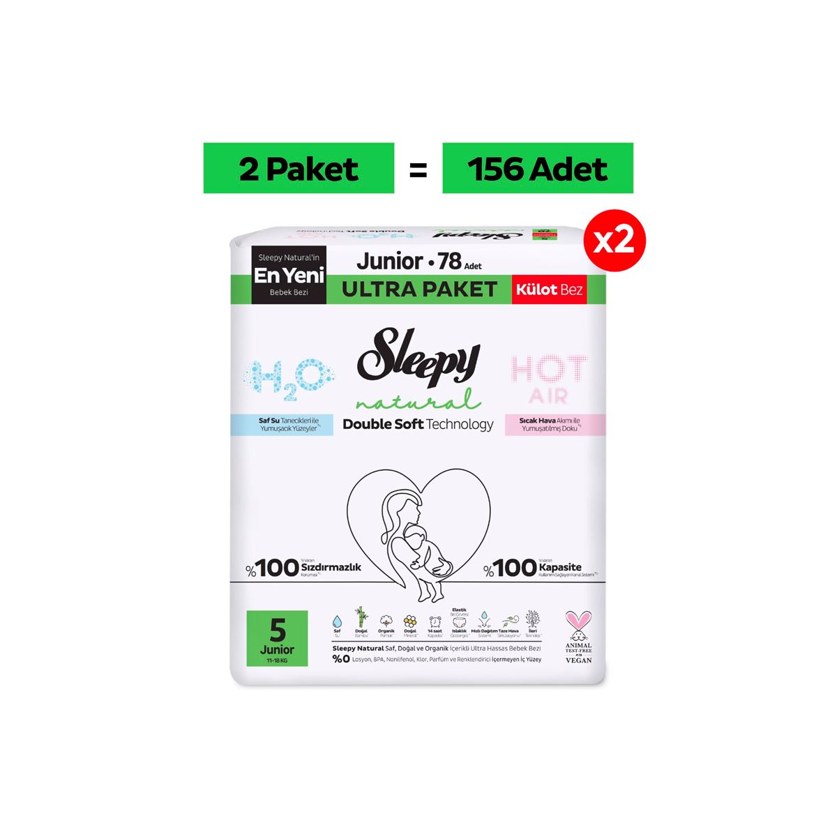 Sleepy Natural Double Soft Ultra Paket Külot Bez 5 Numara Junior 156 Adet