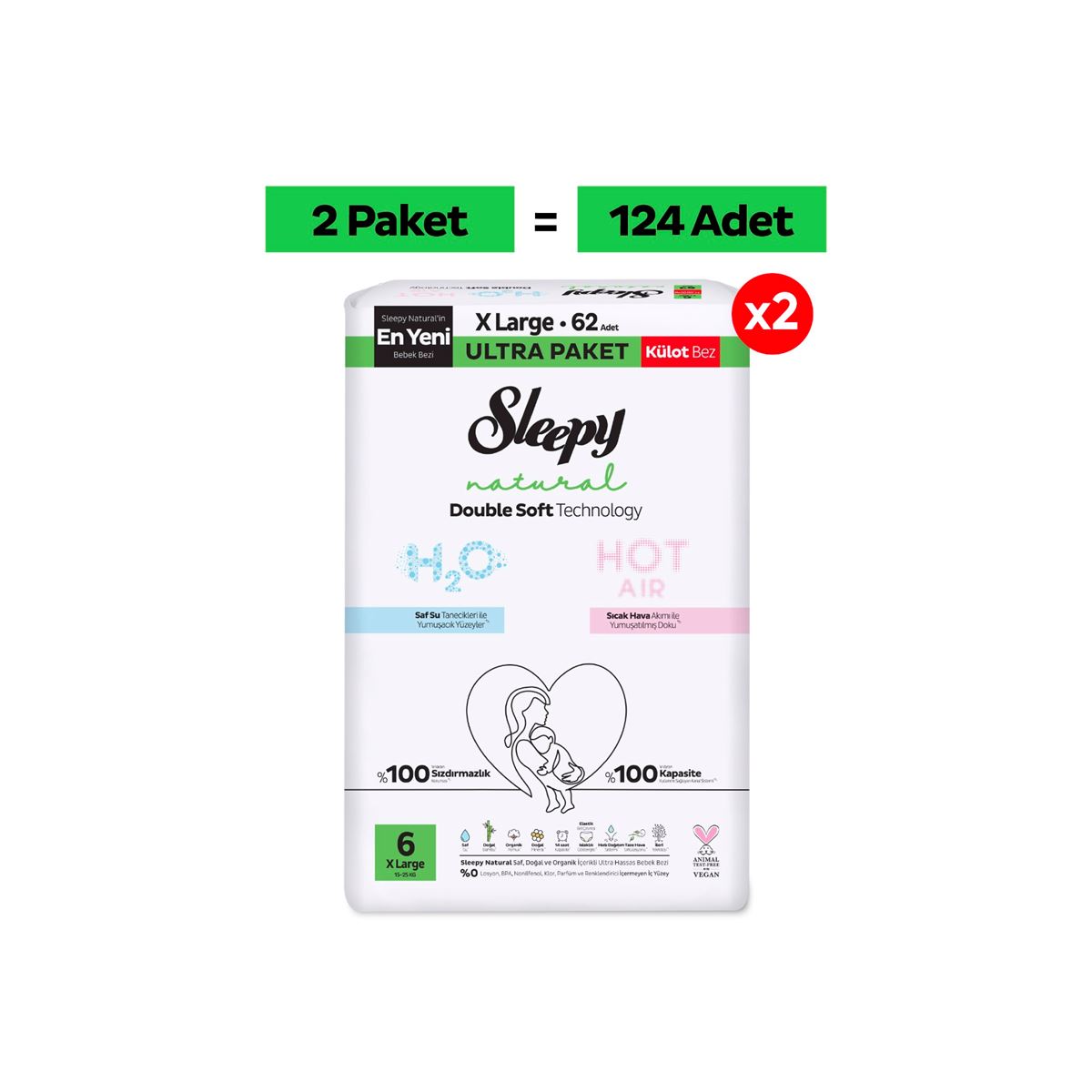 Sleepy Natural Double Soft Ultra Paket Külot Bez 6 Numara Xlarge 124 Adet
