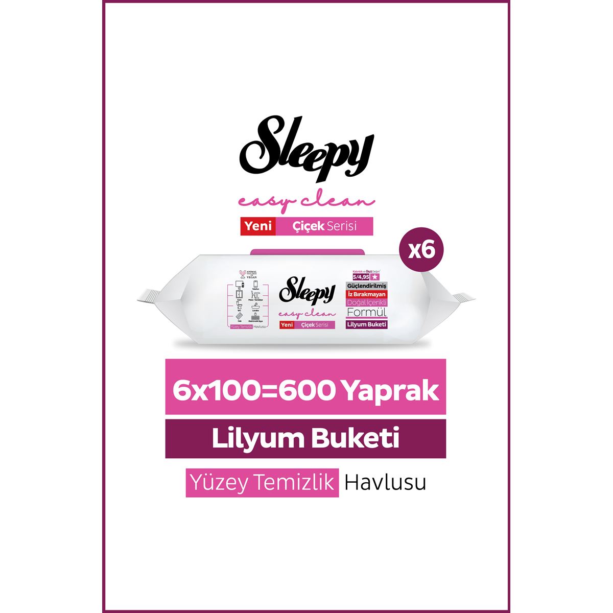 Sleepy Easy Clean Lilyum Buketi Yüzey Temizlik Havlusu Mendili 6x100 (600 Yaprak)