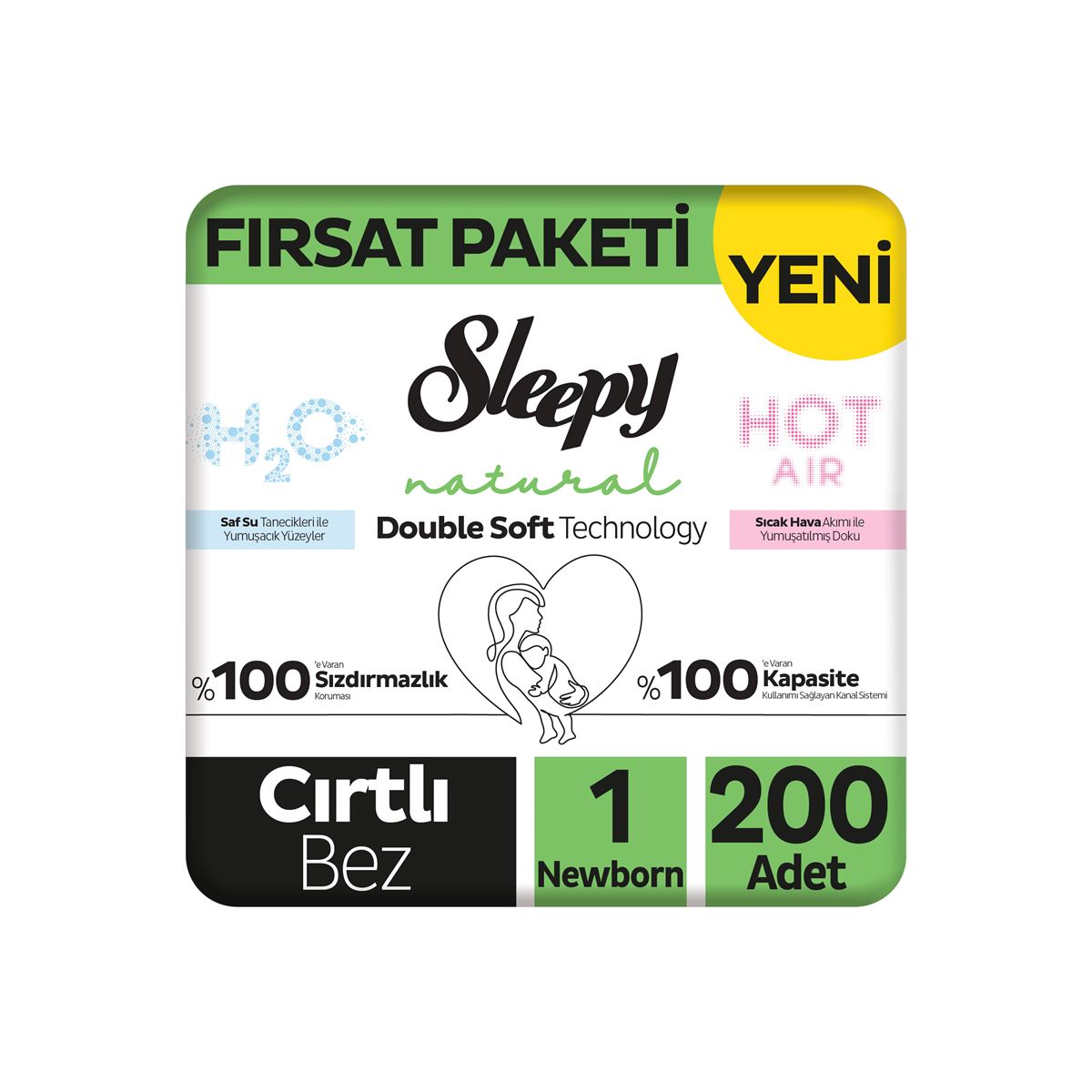 Sleepy Natural Double Soft Fırsat Paketi Bebek Bezi 1 Numara Newborn 200 Adet