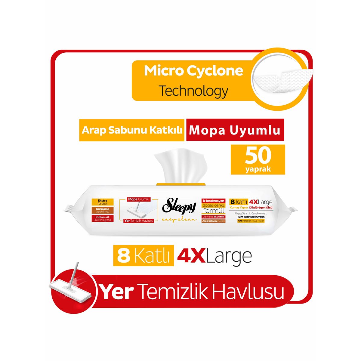 Sleepy Easy Clean Arap Sabunu Katkılı Mopa Uyumlu Yer Temizlik Havlusu&Mendili 50 Yaprak