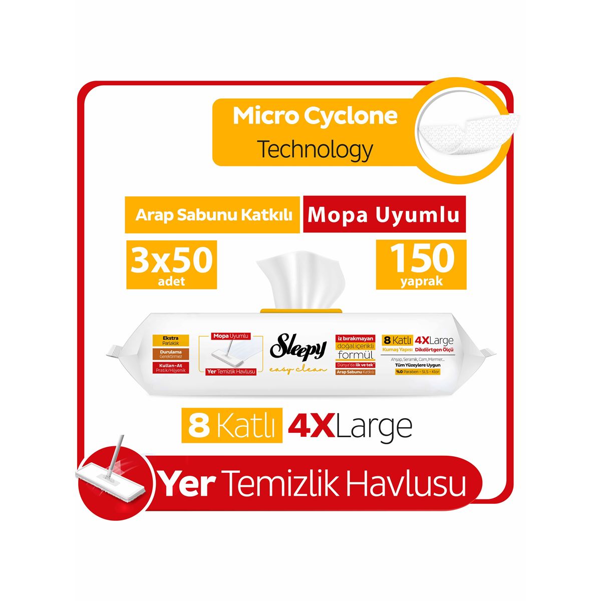 Sleepy Easy Clean Arap Sabunu Katkılı Mopa Uyumlu Yer Temizlik Havlusu&Mendili 3x50 (150 Yaprak)