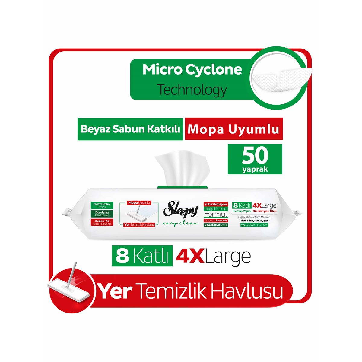 Sleepy Easy Clean Beyaz Sabun Katkılı Mopa Uyumlu Yer Temizlik Havlusu&Mendili 50 Yaprak