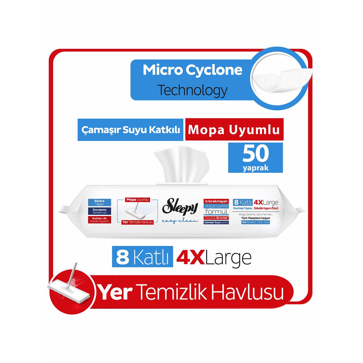 Sleepy Easy Clean Çamaşır Suyu Katkılı Mopa Uyumlu Yer Temizlik Havlusu&Mendili 50 Yaprak