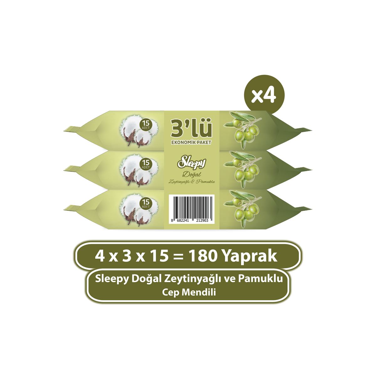 Sleepy Doğal Zeytinyağlı ve Pamuklu Cep Mendili 4x3x15 (180 Yaprak)