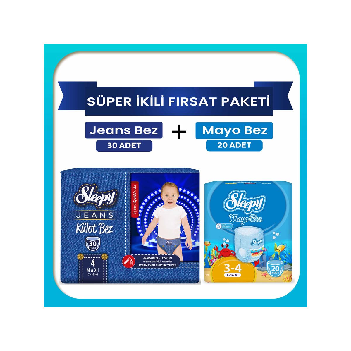 Sleepy Süper ikili Fırsat Paketi(Jeans Külot Bez 4 Numara 30 Adet + Mayo Külot Bez 4 Numara 20 Adet)