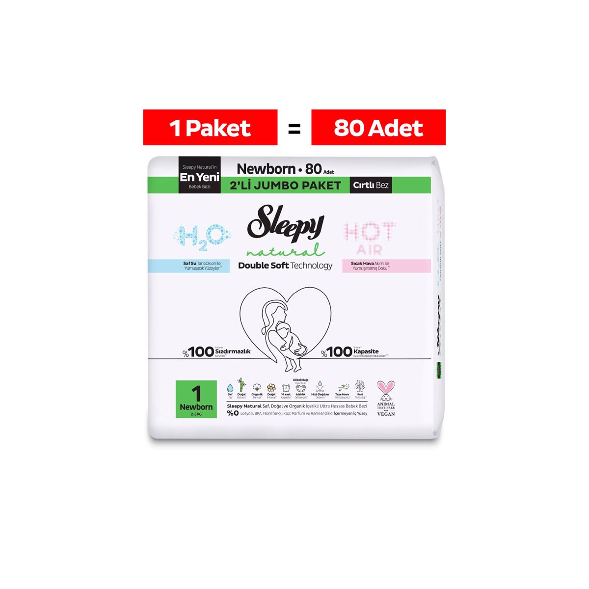 Sleepy Natural Double Soft Avantajlı Mega Paket Bebek Bezi 1 Numara Newborn 80 Adet
