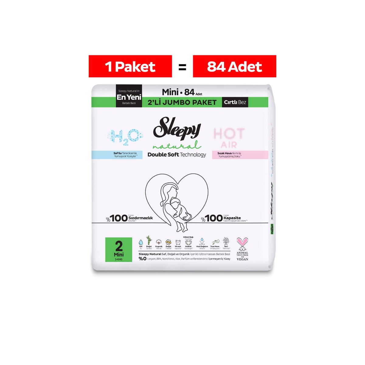 Sleepy Natural Double Soft Avantajlı Mega Paket Bebek Bezi 2 Numara Mini 84 Adet
