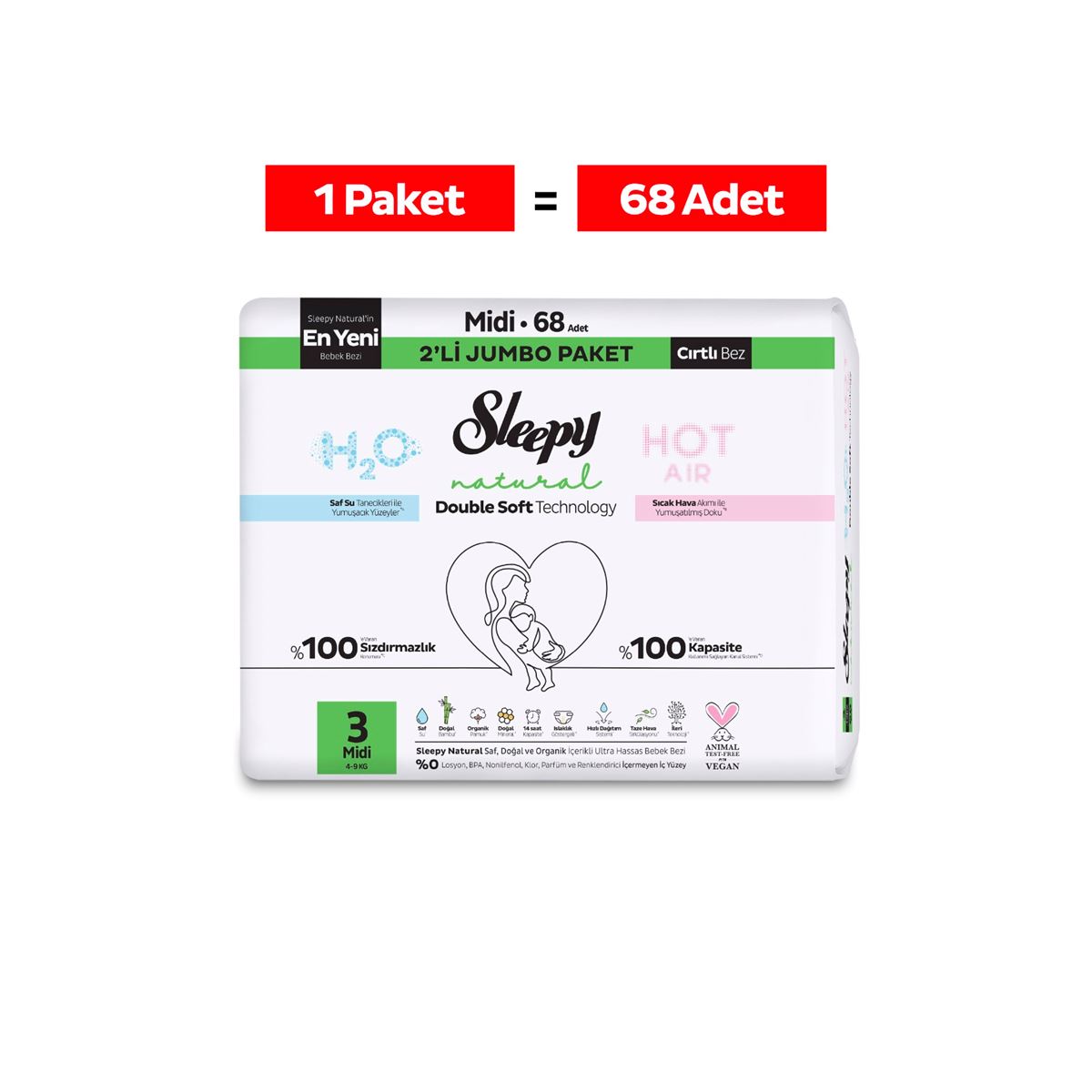 Sleepy Natural Double Soft Avantajlı Mega Paket Bebek Bezi 3 Numara Midi 68 Adet