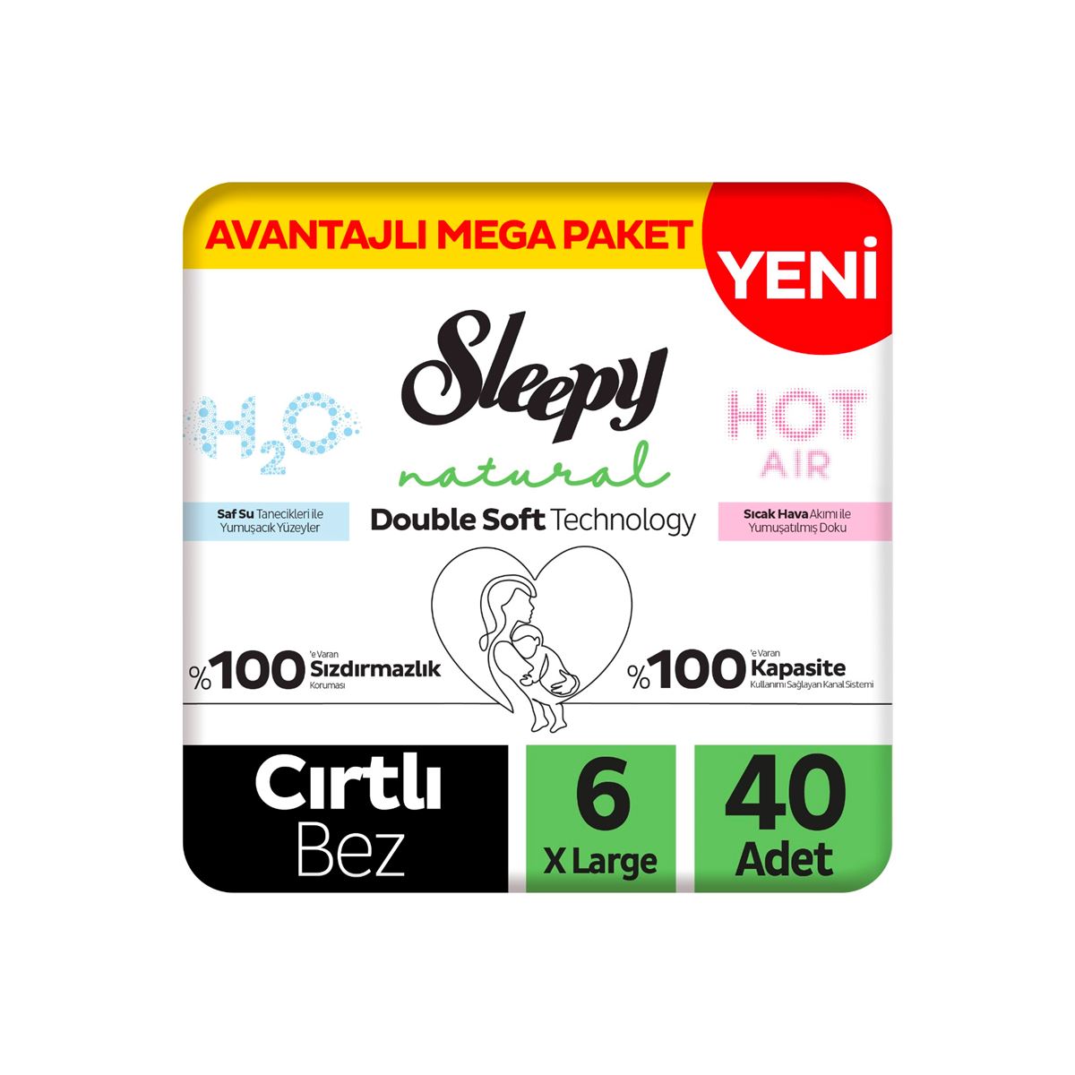 Sleepy Natural Double Soft Avantajlı Mega Paket Bebek Bezi 6 Numara Xlarge 40 Adet