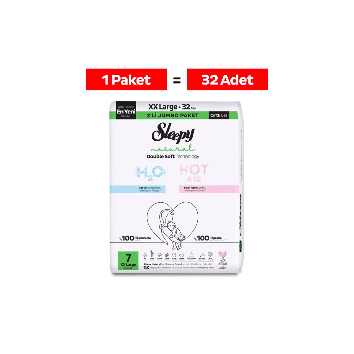 Sleepy Natural Double Soft Avantajlı Mega Paket Bebek Bezi 7 Numara Xxlarge 32 Adet