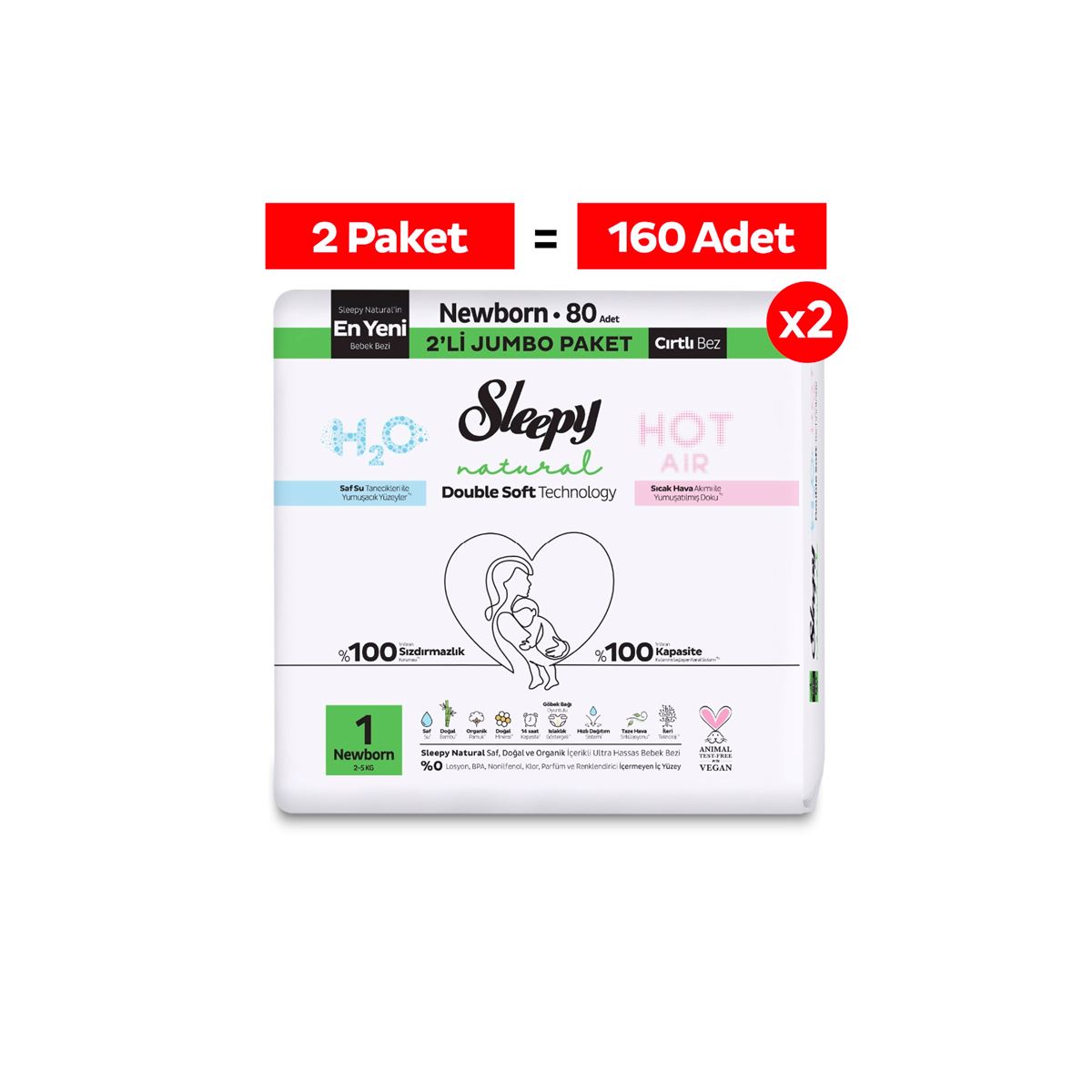 Sleepy Natural Double Soft Avantajlı Mega Paket Bebek Bezi 1 Numara Newborn 160 Adet