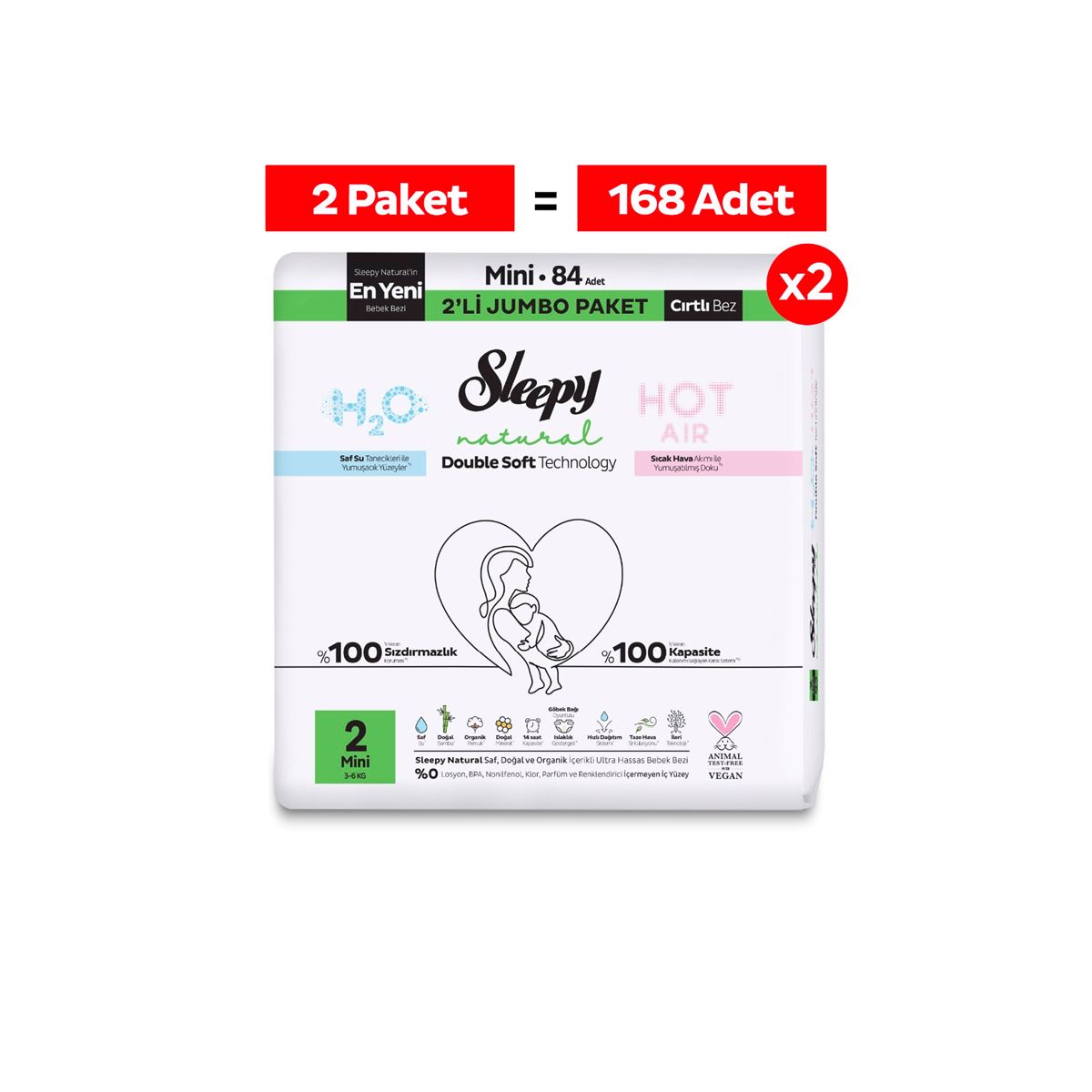 Sleepy Natural Double Soft Avantajlı Mega Paket Bebek Bezi 2 Numara Mini 168 Adet