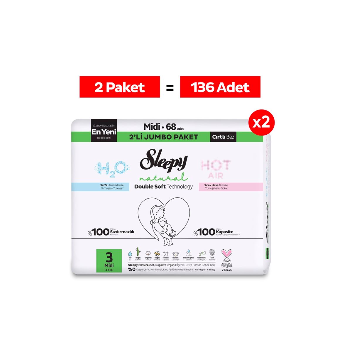 Sleepy Natural Double Soft Avantajlı Mega Paket Bebek Bezi 3 Numara Midi 136 Adet