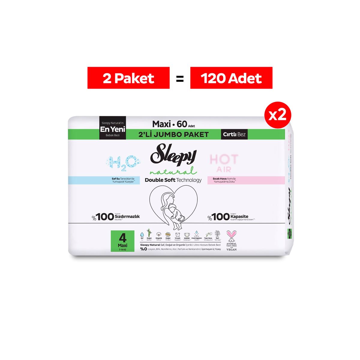 Sleepy Natural Double Soft Avantajlı Mega Paket Bebek Bezi 4 Numara Maxi 120 Adet
