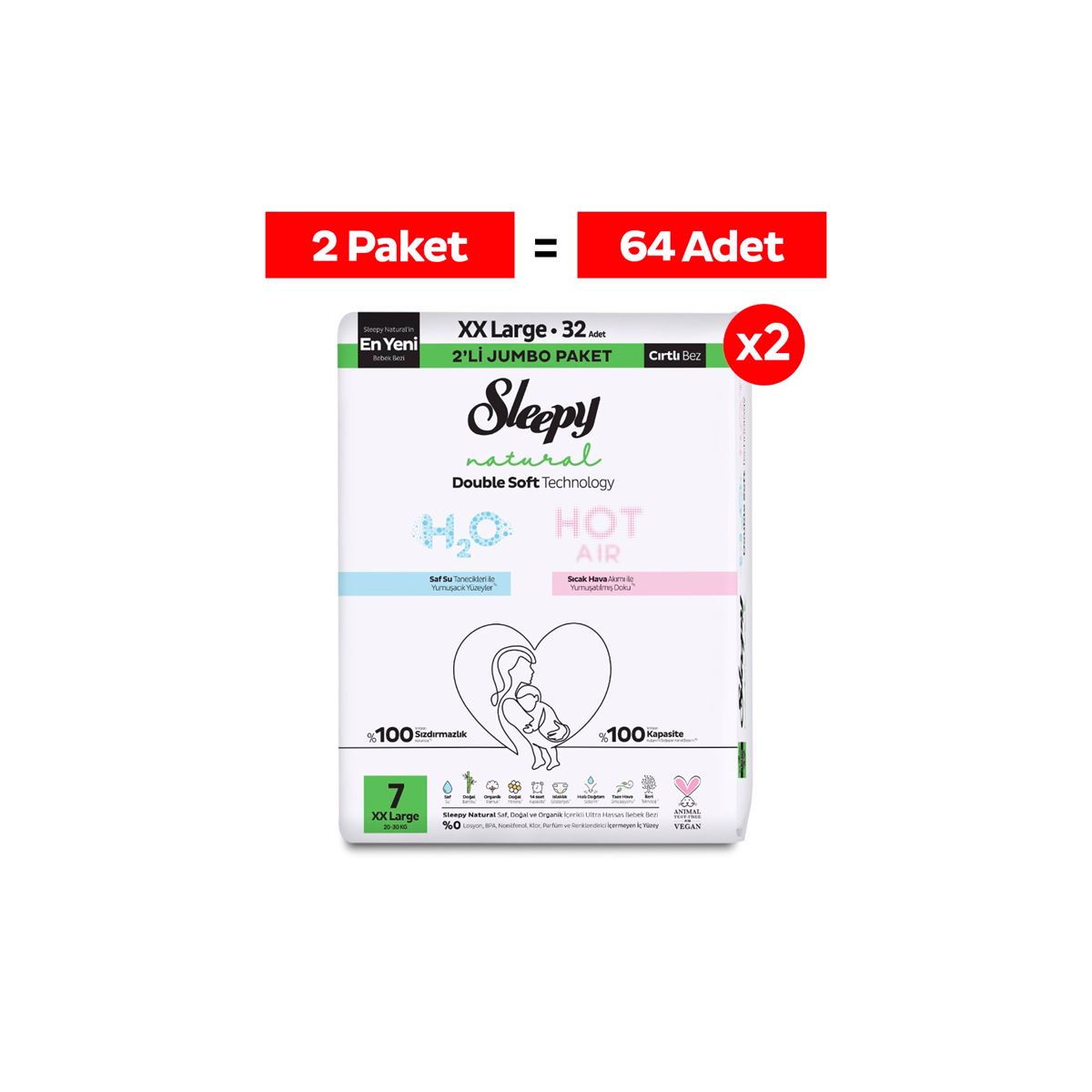 Sleepy Natural Double Soft Avantajlı Mega Paket Bebek Bezi 7 Numara Xxlarge 64 Adet
