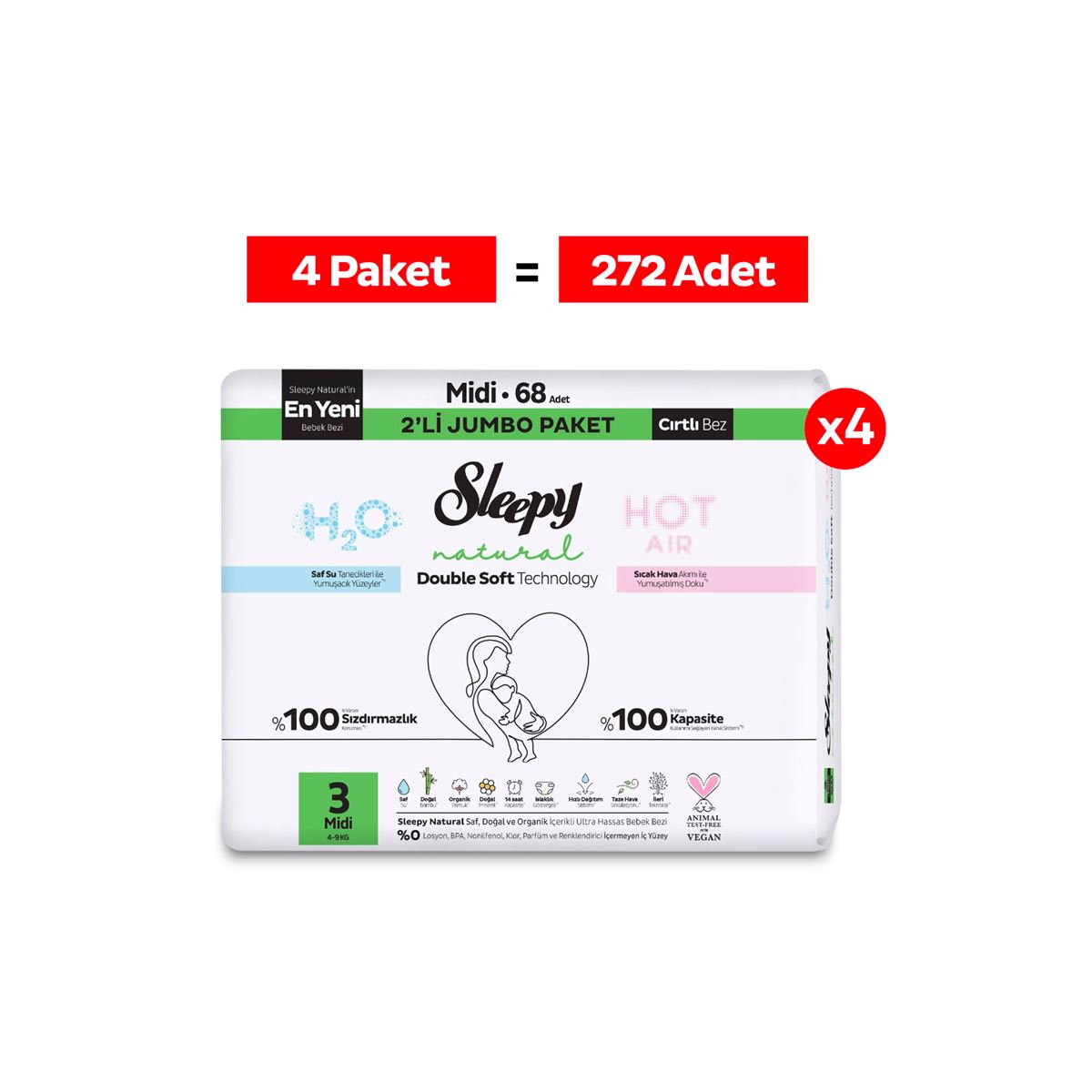 Sleepy Natural Double Soft Avantajlı Mega Paket Bebek Bezi 3 Numara Midi 272 Adet