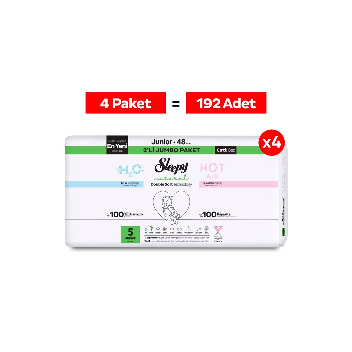 Sleepy Natural Double Soft Avantajlı Mega Paket Bebek Bezi 5 Numara Junior 192 Adet