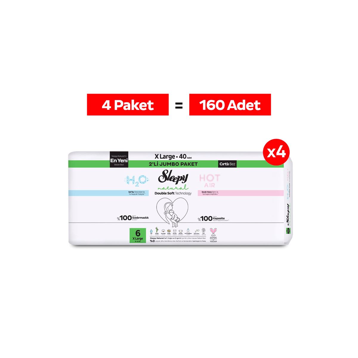 Sleepy Natural Double Soft Avantajlı Mega Paket Bebek Bezi 6 Numara Xlarge 160 Adet