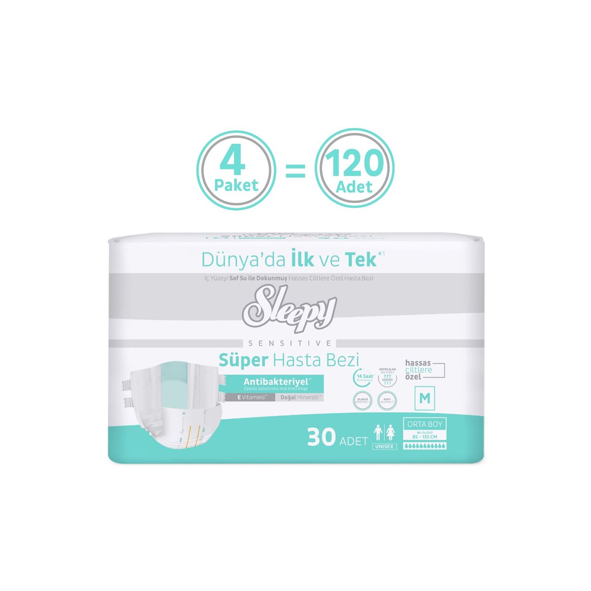 Sleepy Sensitive Antibakteriyel Süper Yetişkin Hasta Bezi Medium 30x4 120 Adet