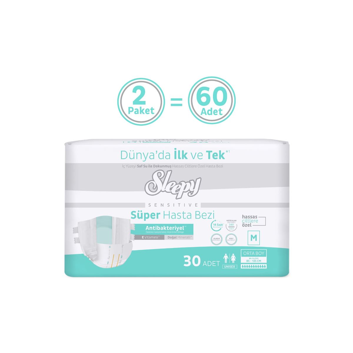Sleepy Sensitive Antibakteriyel Süper Yetişkin Hasta Bezi Medium 30x2 60 Adet