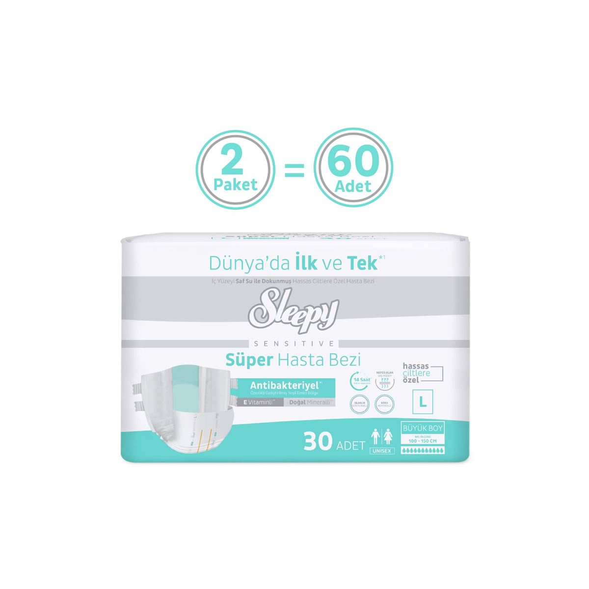 Sleepy Sensitive Antibakteriyel Süper Yetişkin Hasta Bezi Large 30x2 60 Adet