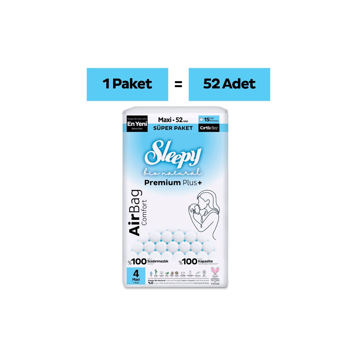 Sleepy Bio Natural Premium Plus Airbag Comfort Süper Paket Bebek Bezi 4 Numara Maxi 52 Adet
