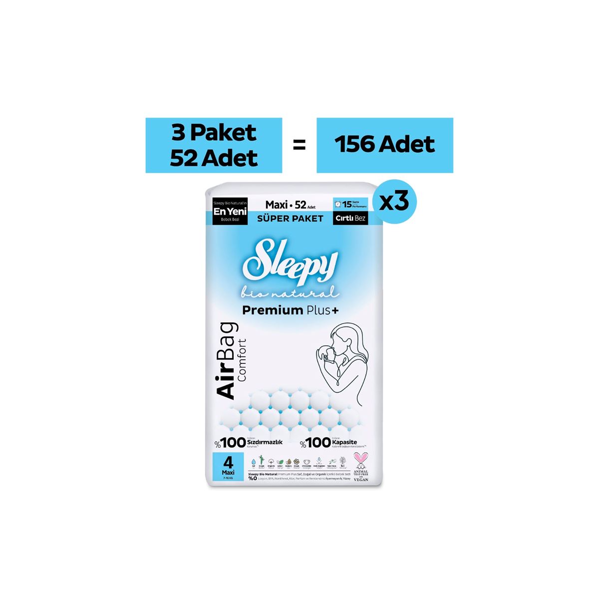 Sleepy Bio Natural Premium Plus Airbag Comfort Mega Paket Bebek Bezi 4 Numara Maxi 156 Adet