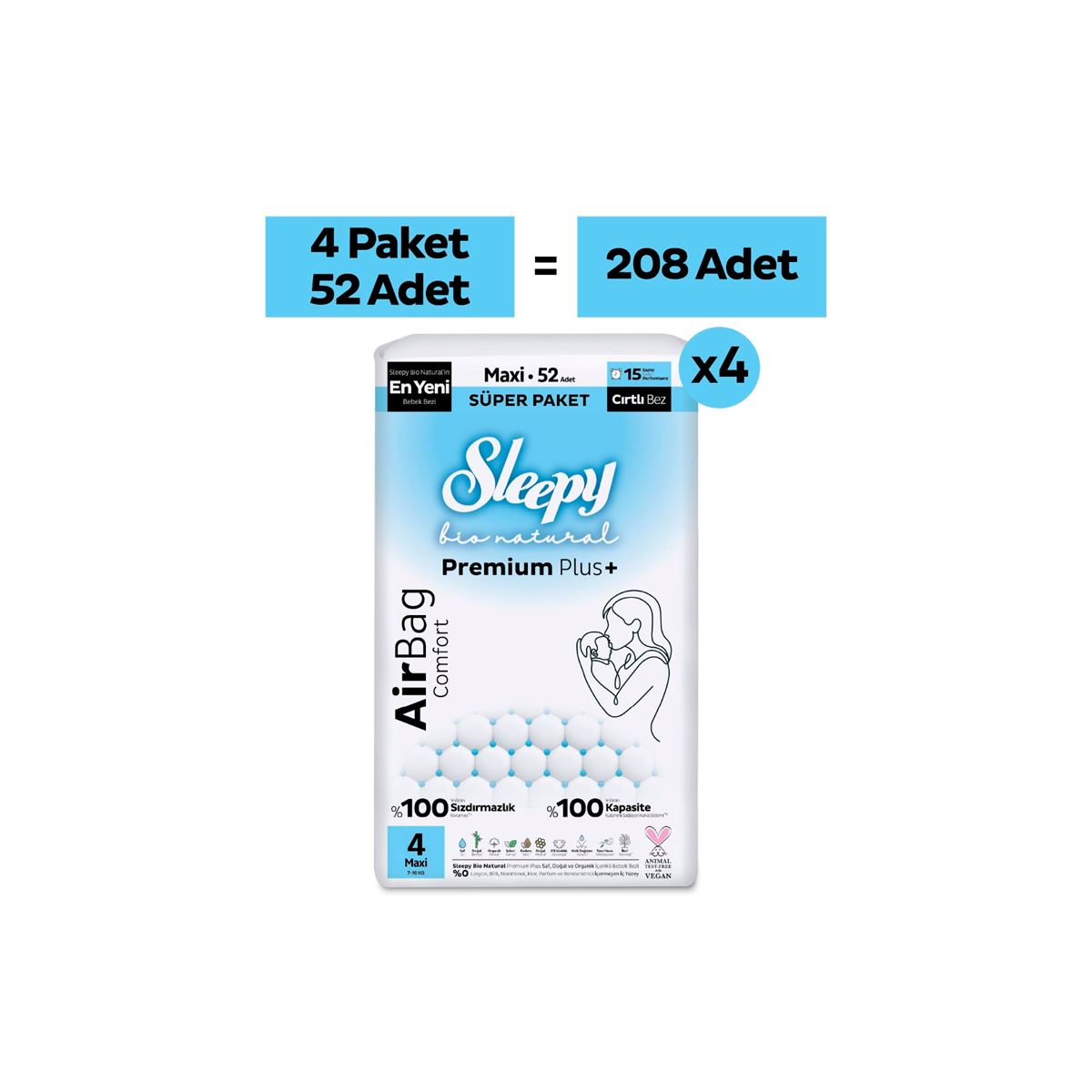 Sleepy Bio Natural Premium Plus Airbag Comfort Ultra Paket Bebek Bezi 4 Numara Maxi 208 Adet