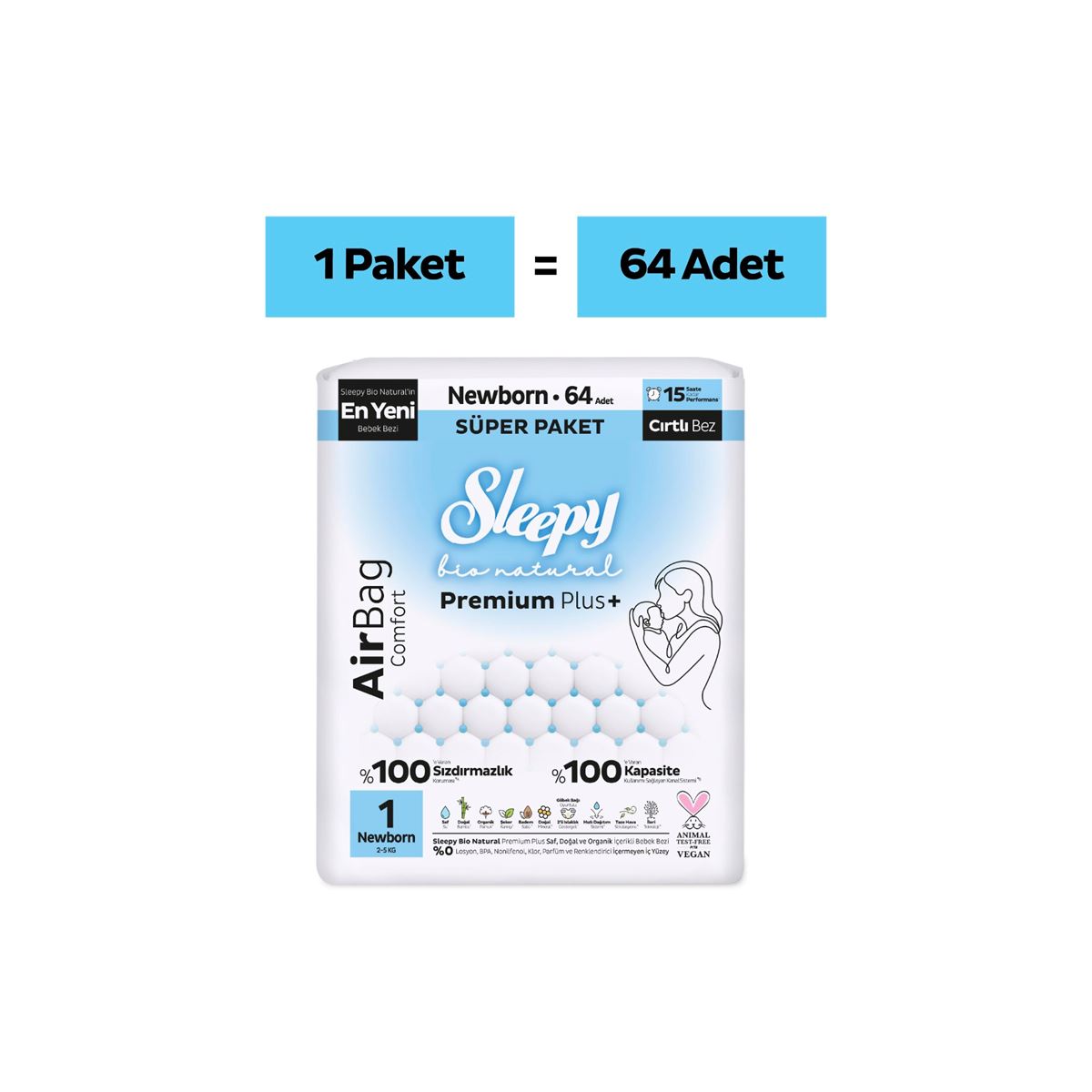 Sleepy Bio Natural Premium Plus Airbag Comfort Süper Paket Bebek Bezi 1 Numara Newborn 64 Adet