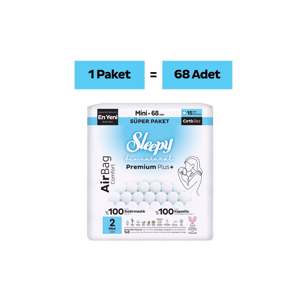 Sleepy Bio Natural Premium Plus Airbag Comfort Süper Paket Bebek Bezi 2 Numara Mini 68 Adet