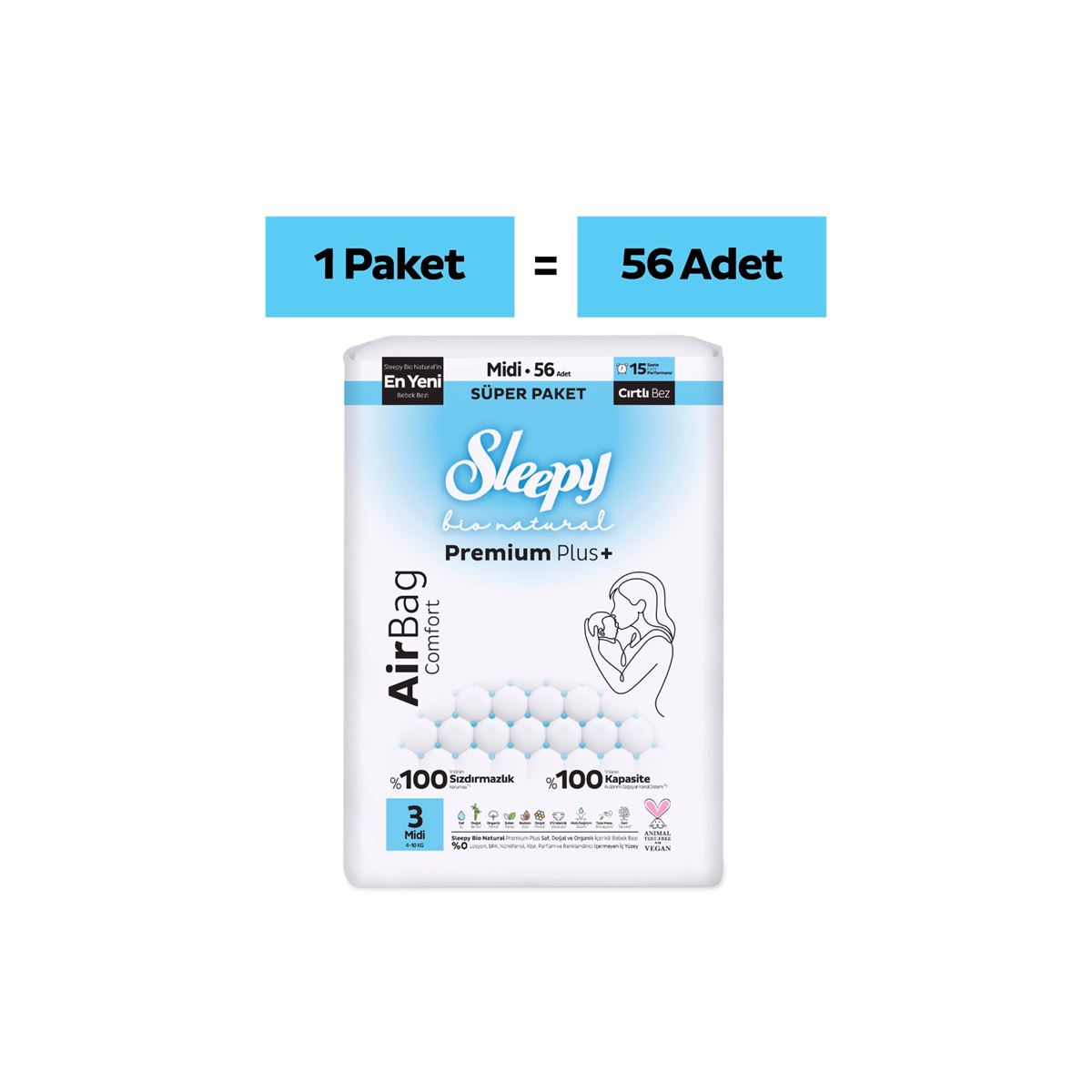 Sleepy Bio Natural Premium Plus Airbag Comfort Süper Paket Bebek Bezi 3 Numara Midi 56 Adet