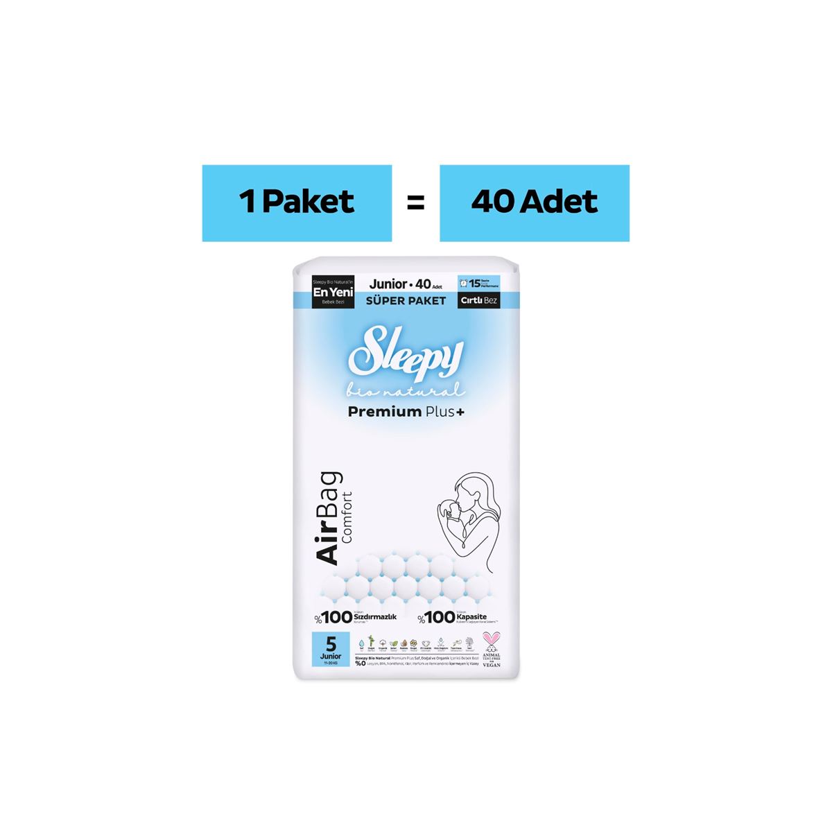 Sleepy Bio Natural Premium Plus Airbag Comfort Süper Paket Bebek Bezi 5 Numara Junior 40 Adet
