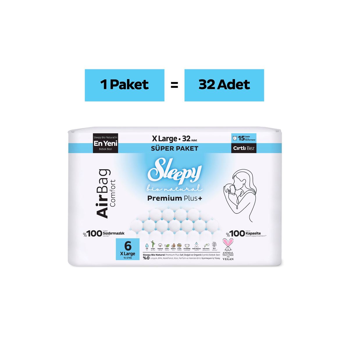 Sleepy Bio Natural Premium Plus Airbag Comfort Süper Paket Bebek Bezi 6 Numara Xlarge 32 Adet