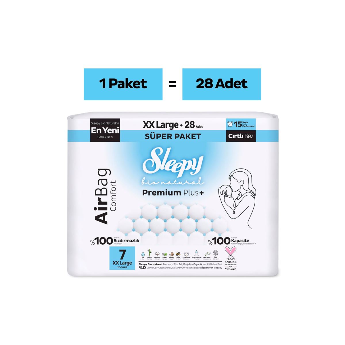 Sleepy Bio Natural Premium Plus Airbag Comfort Süper Paket Bebek Bezi 7 Numara Xxlarge 28 Adet