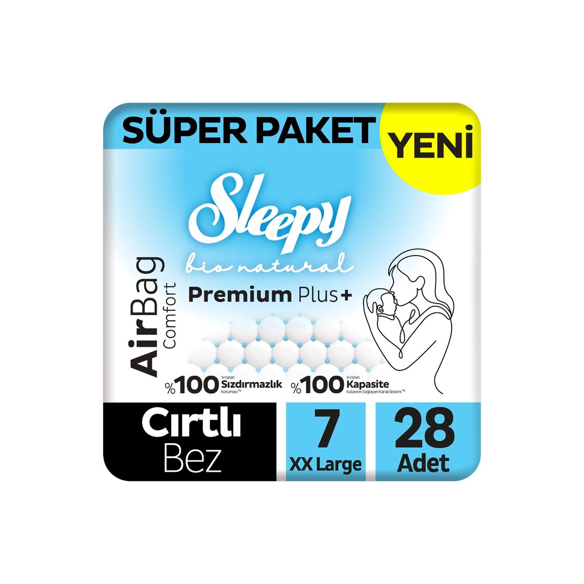 Sleepy Bio Natural Premium Plus Airbag Comfort Süper Paket Bebek Bezi 7 Numara Xxlarge 28 Adet