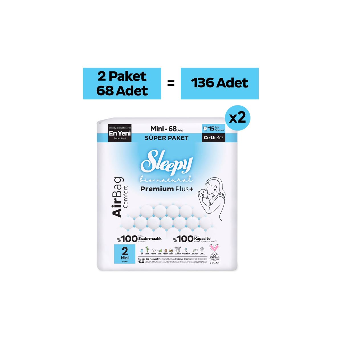 Sleepy Bio Natural Premium Plus Airbag Comfort Avantaj Paketi Bebek Bezi 2 Numara Mini 136 Adet