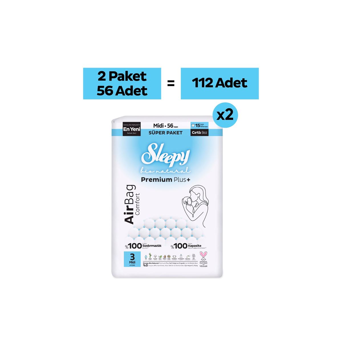 Sleepy Bio Natural Premium Plus Airbag Comfort Avantaj Paketi Bebek Bezi 3 Numara Midi 112 Adet
