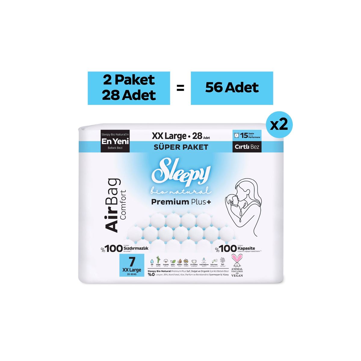 Sleepy Bio Natural Premium Plus Airbag Comfort Avantaj Paketi Bebek Bezi 7 Numara Xxlarge 56 Adet
