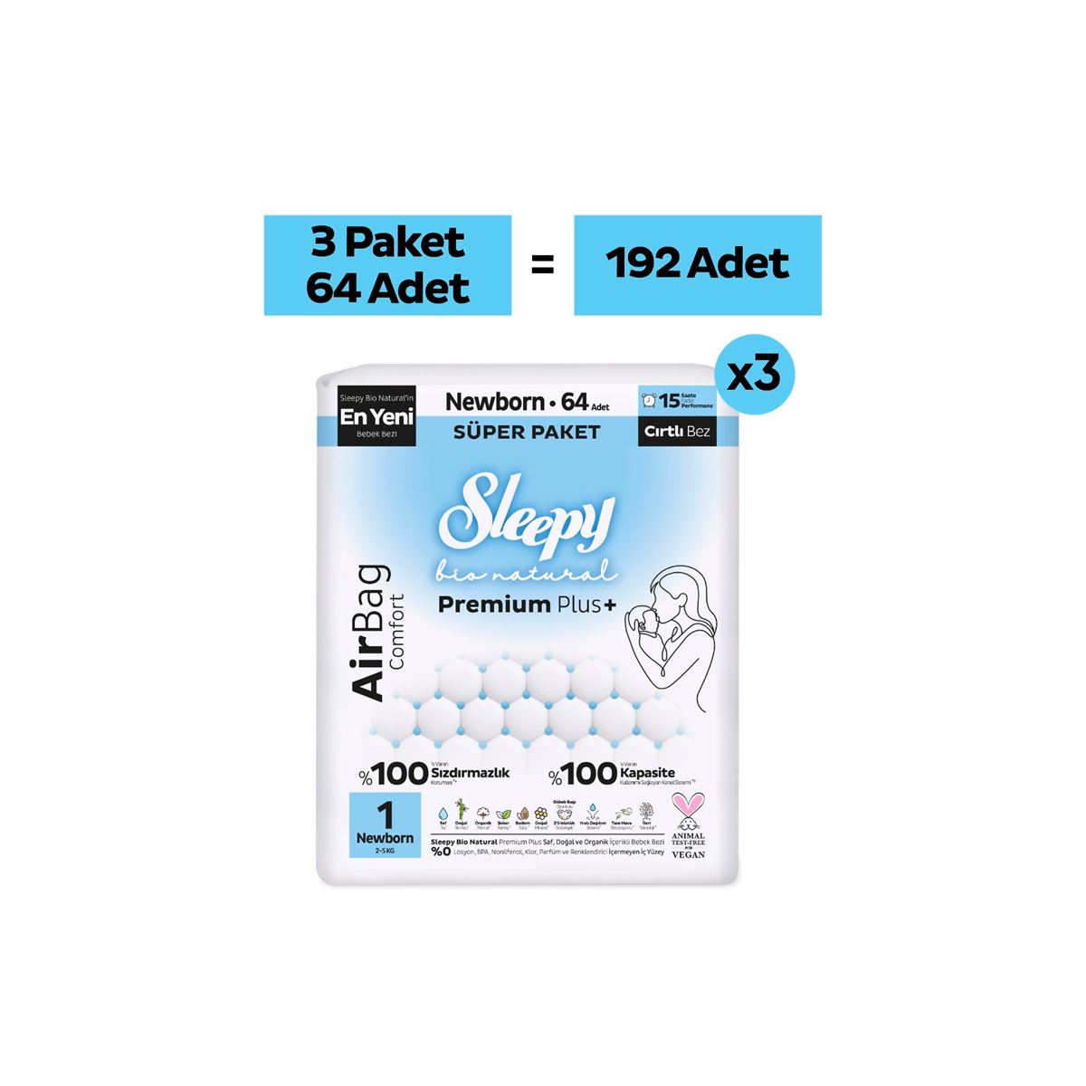 Sleepy Bio Natural Premium Plus Airbag Comfort Mega Paket Bebek Bezi 1 Numara Newborn 192 Adet