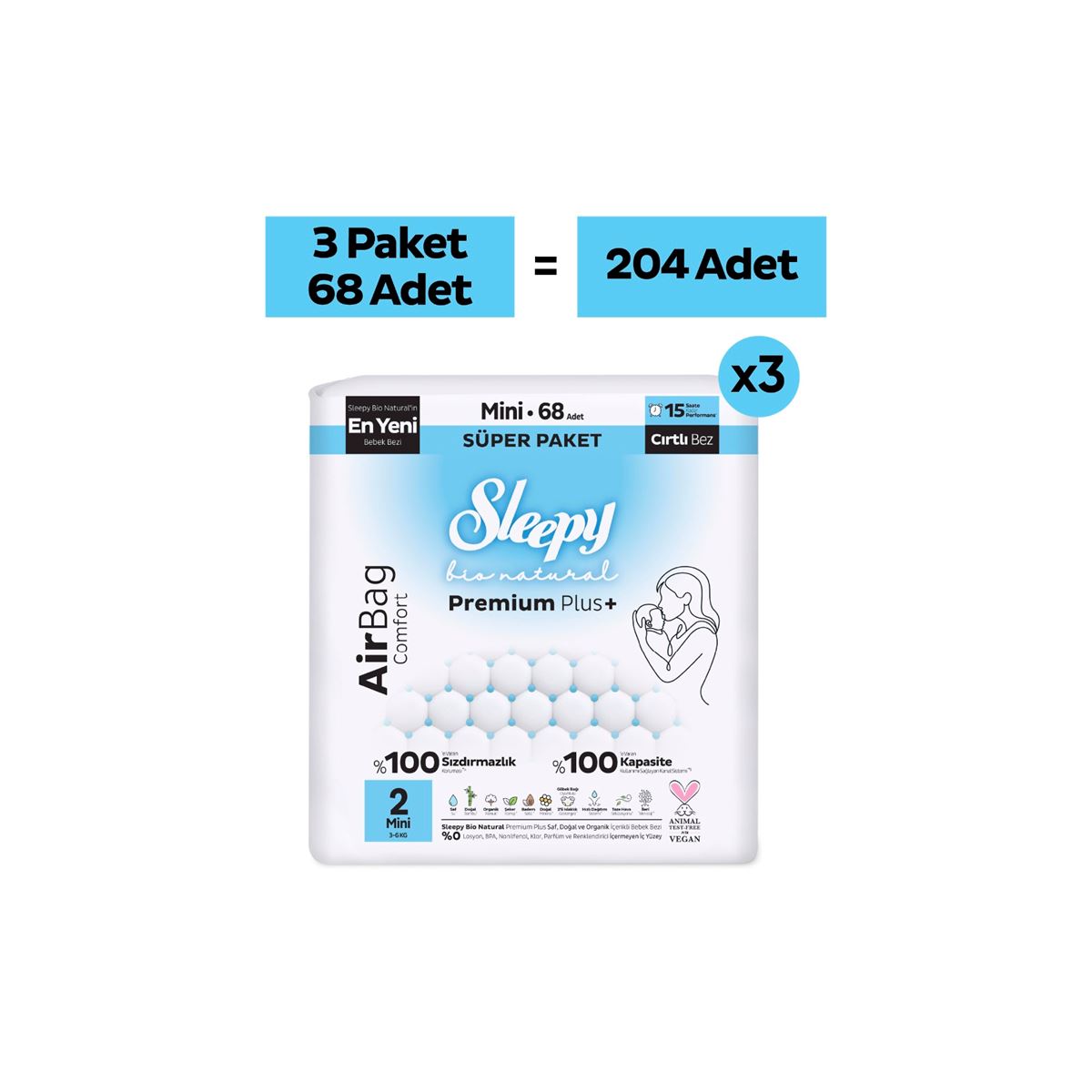 Sleepy Bio Natural Premium Plus Airbag Comfort Mega Paket Bebek Bezi 2 Numara Mini 204 Adet